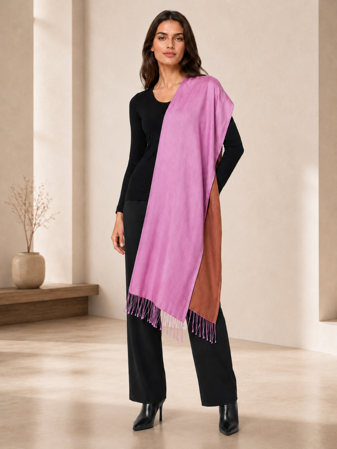 Two Tone Reversible Pashmina Wrap in Lavender and Brown