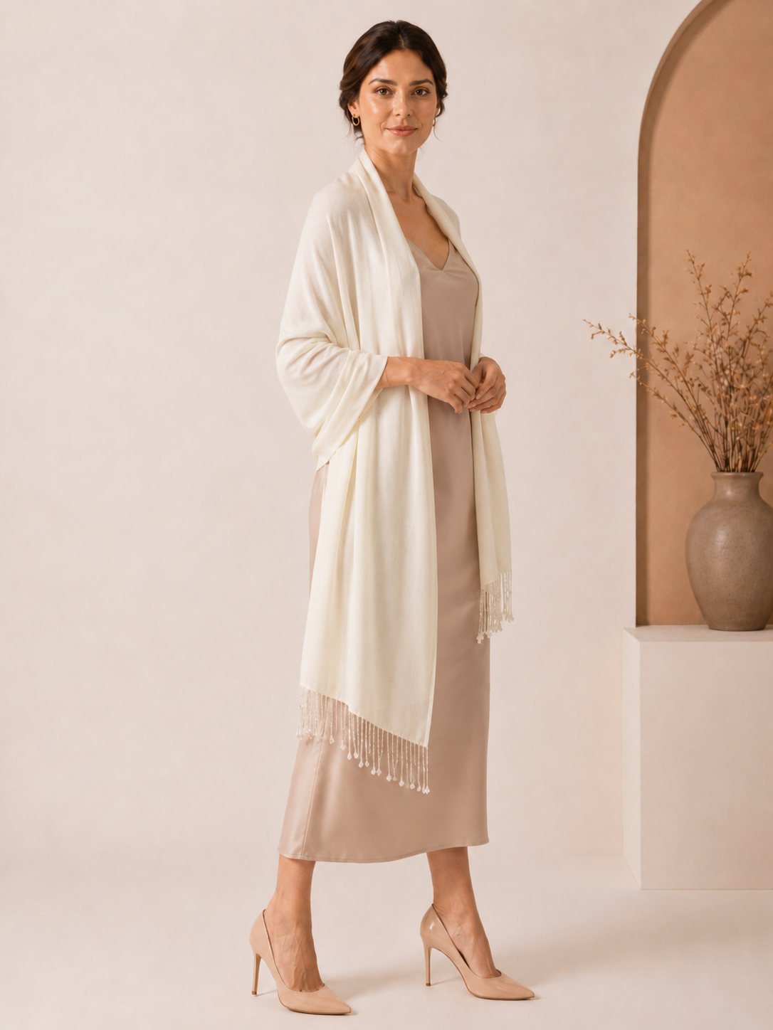 Pashmina Shawl With Beaded Tassels - Vanilla - Model Image 4