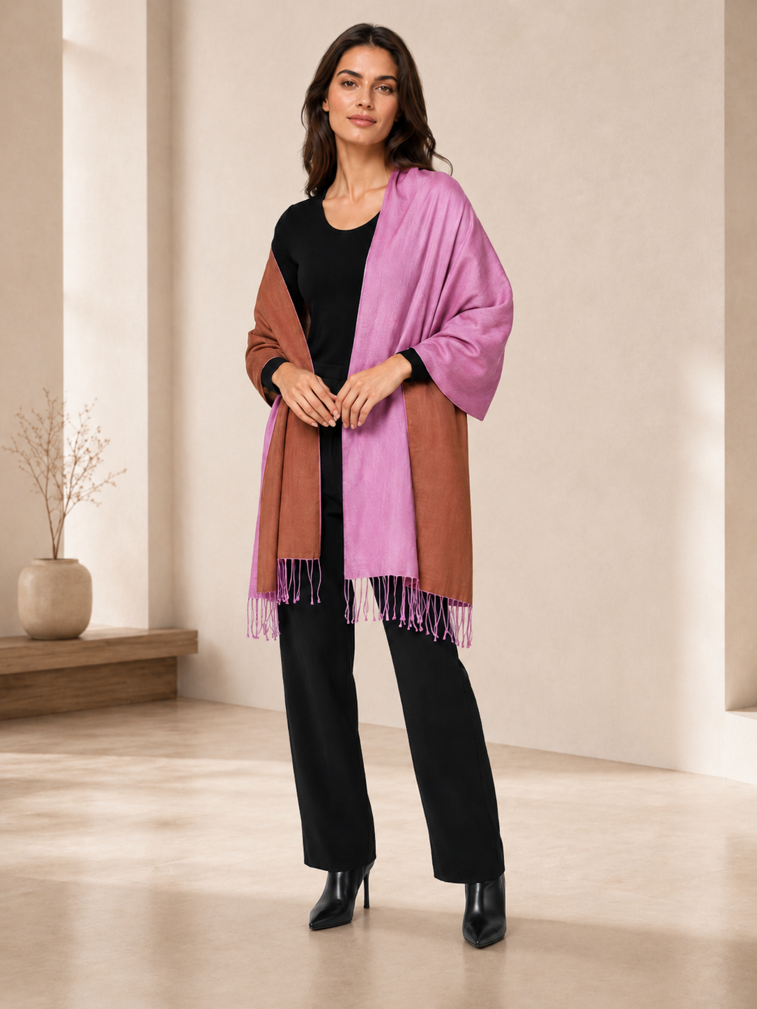 Two Tone Reversible Pashmina Wrap in Lavender and Brown