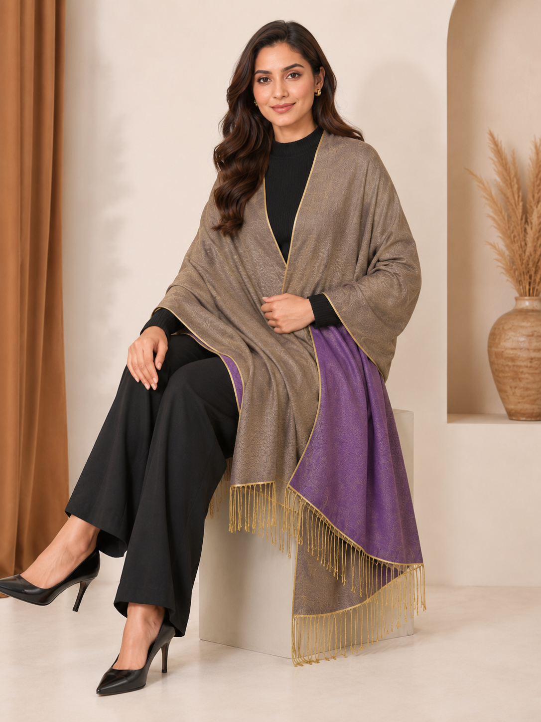 Two Tone Reversible Pashmina Wrap in Purple and Gold