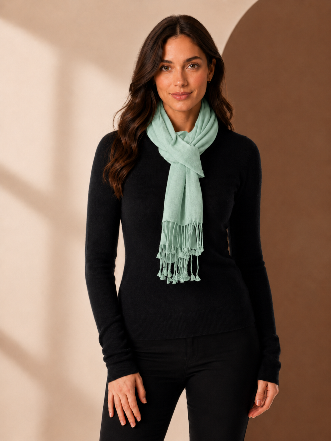 Pure Cashmere Scarf with Tassels - Model Image 4