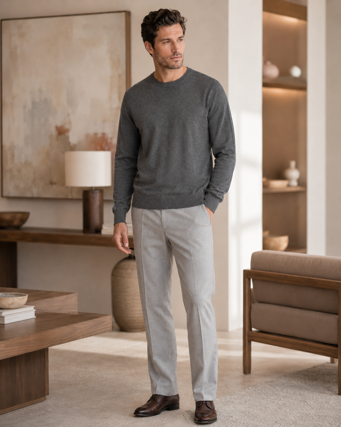 Luxurious Men's Crew Neck Cashmere Sweater in Charcoal
