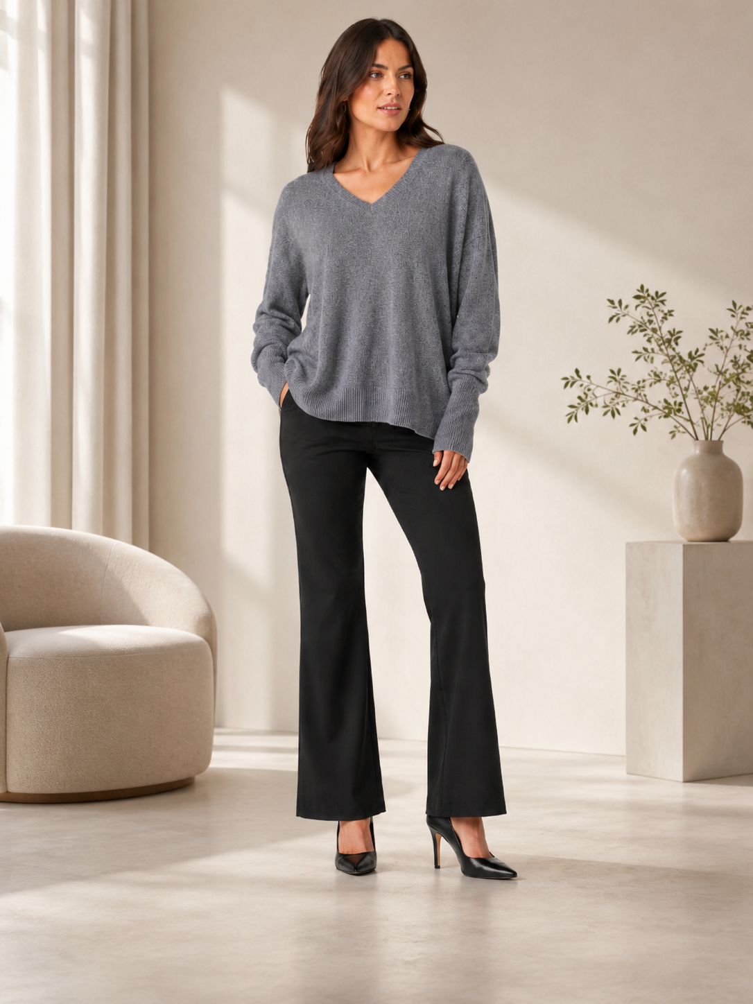 Women's Pure Cashmere V-Neck Boyfriend Sweater