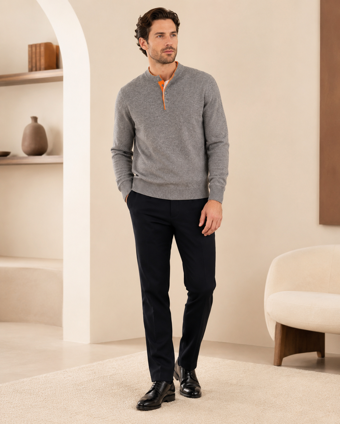 Men's Two Tone Polo Sweater in Pure Cashmere
