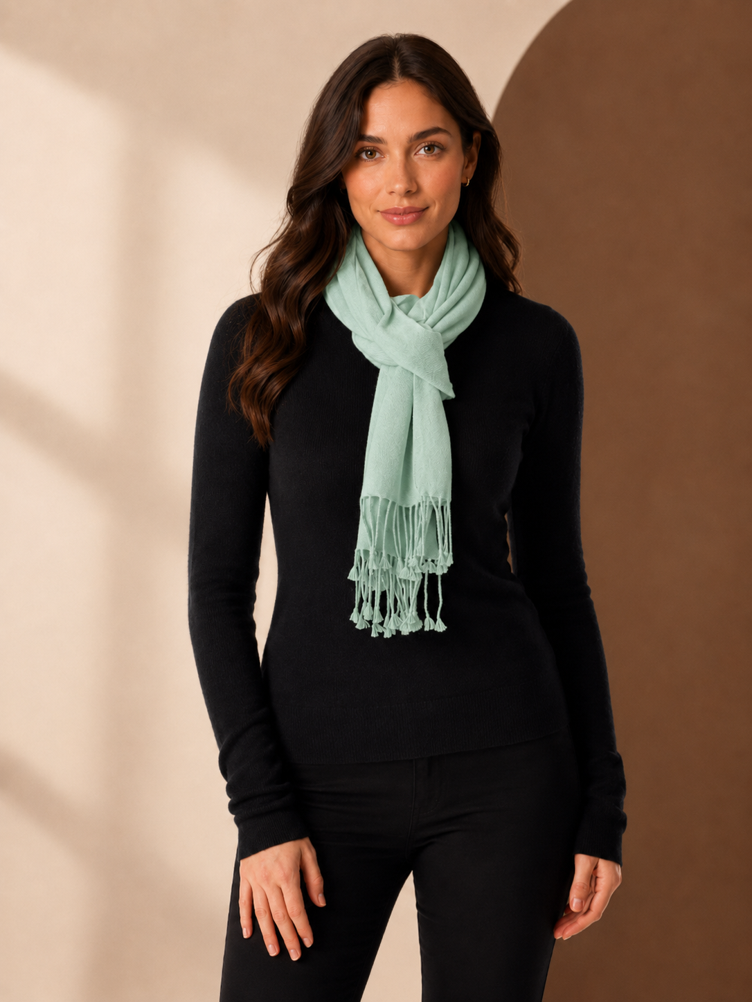 Pure Cashmere Scarf with Tassels - Model Image 5