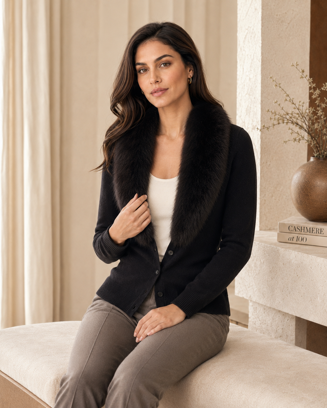Cashmere Cardigan with Fur Collar