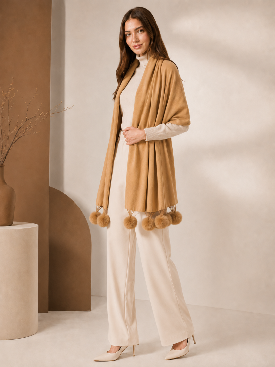Cashmere Wrap with  Fur Pompoms
