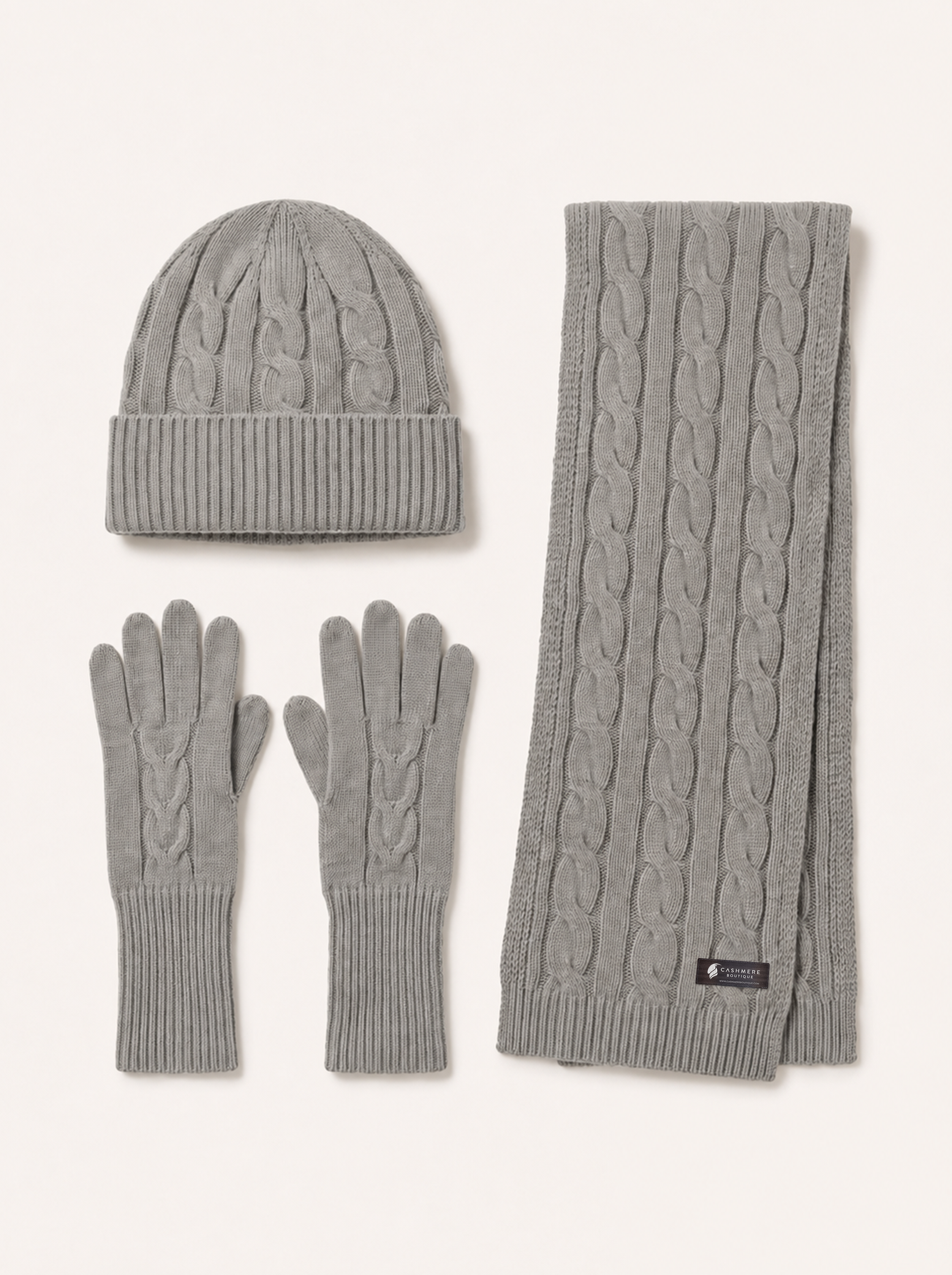 Unisex Pure Cashmere Scarf, Hat and Gloves Set - Faded Pewter