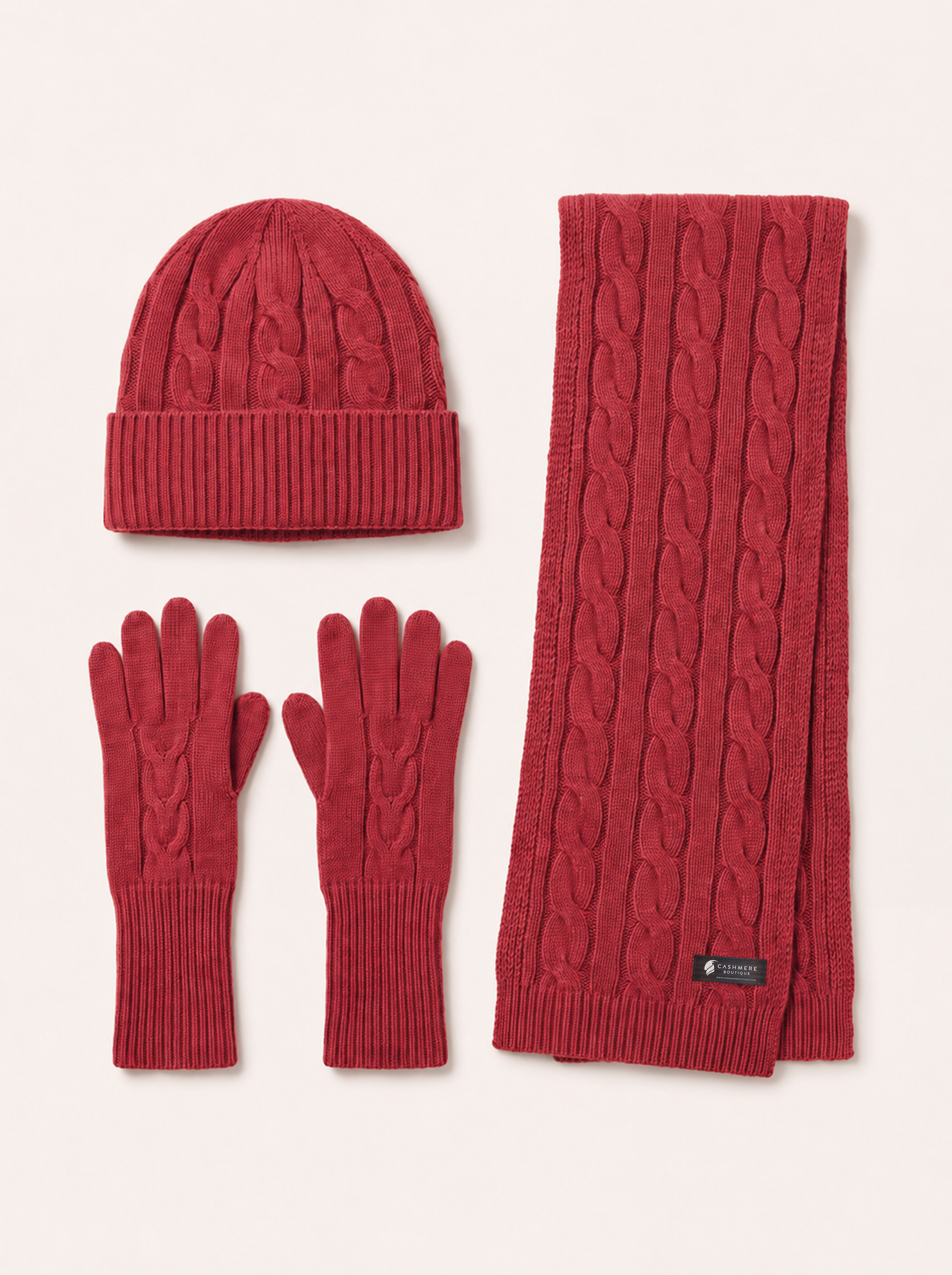 Unisex Pure Cashmere Scarf, Hat and Gloves Set - Crimson