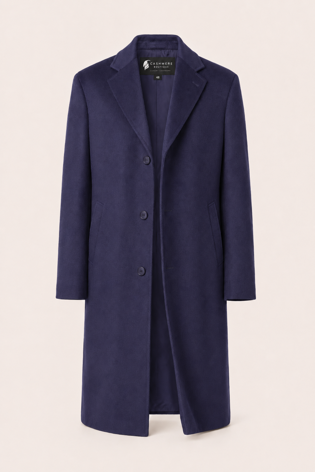 Men's Knee Length Topcoat in Pure Cashmere - Navy