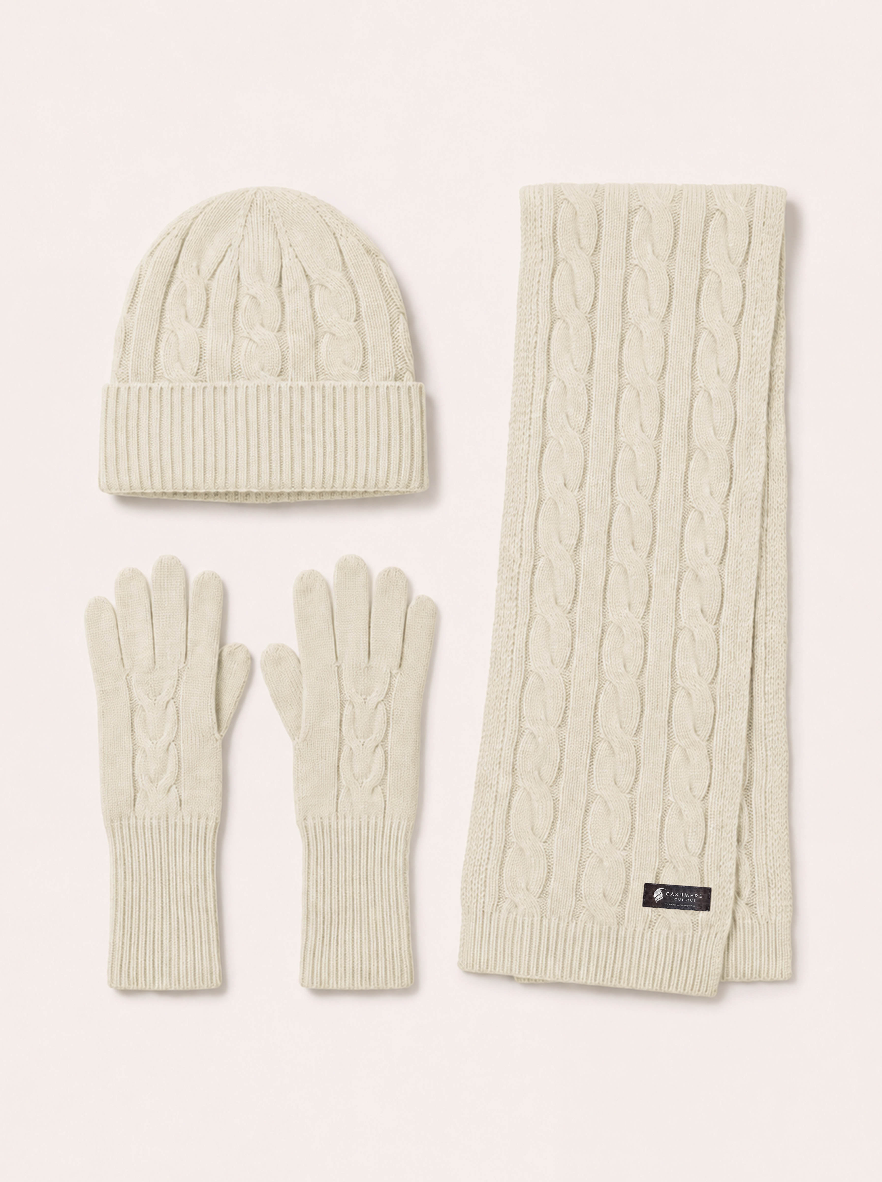 Unisex Pure Cashmere Scarf, Hat and Gloves Set - Vanilla