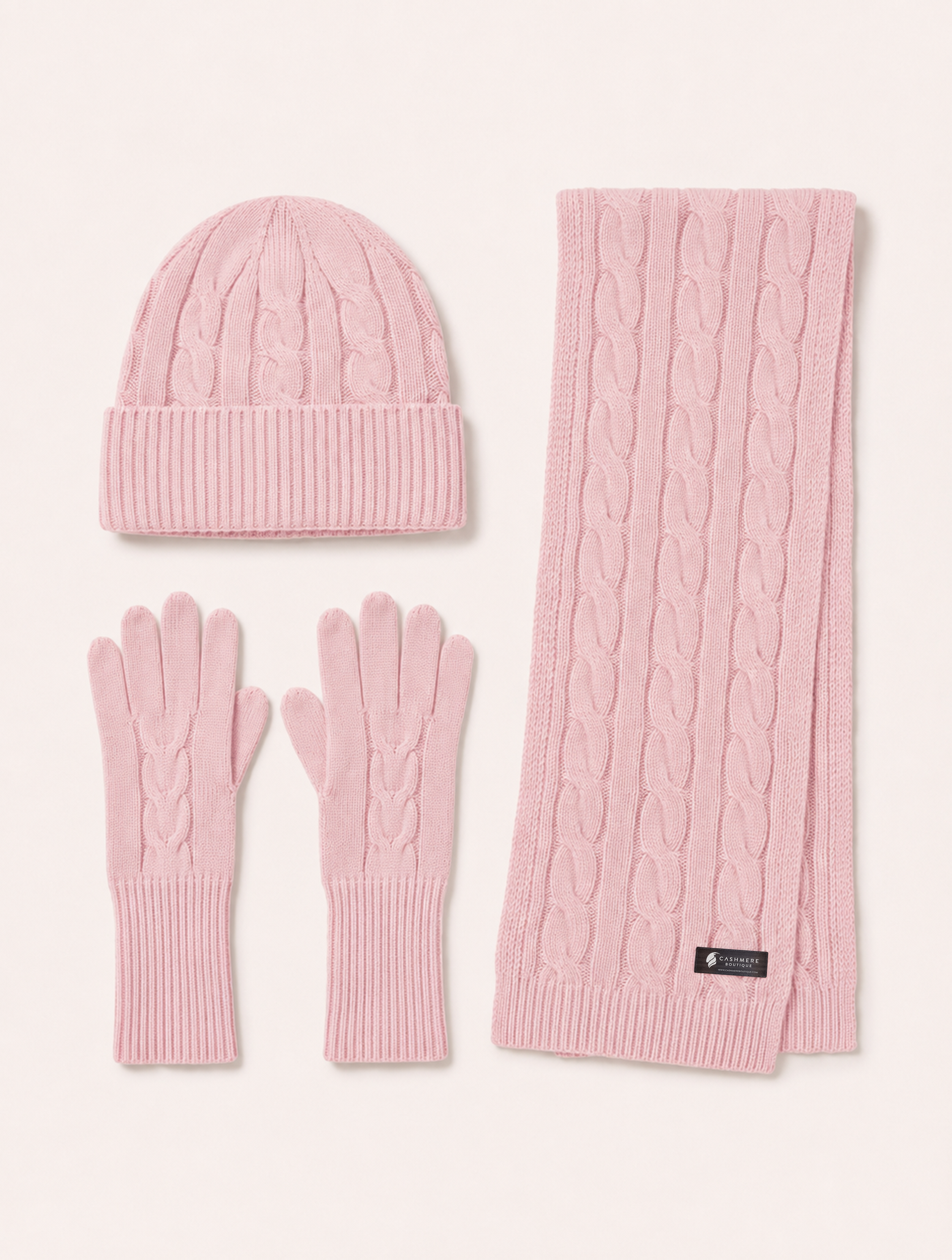 Unisex Pure Cashmere Scarf, Hat and Gloves Set - Rose Petal Pink