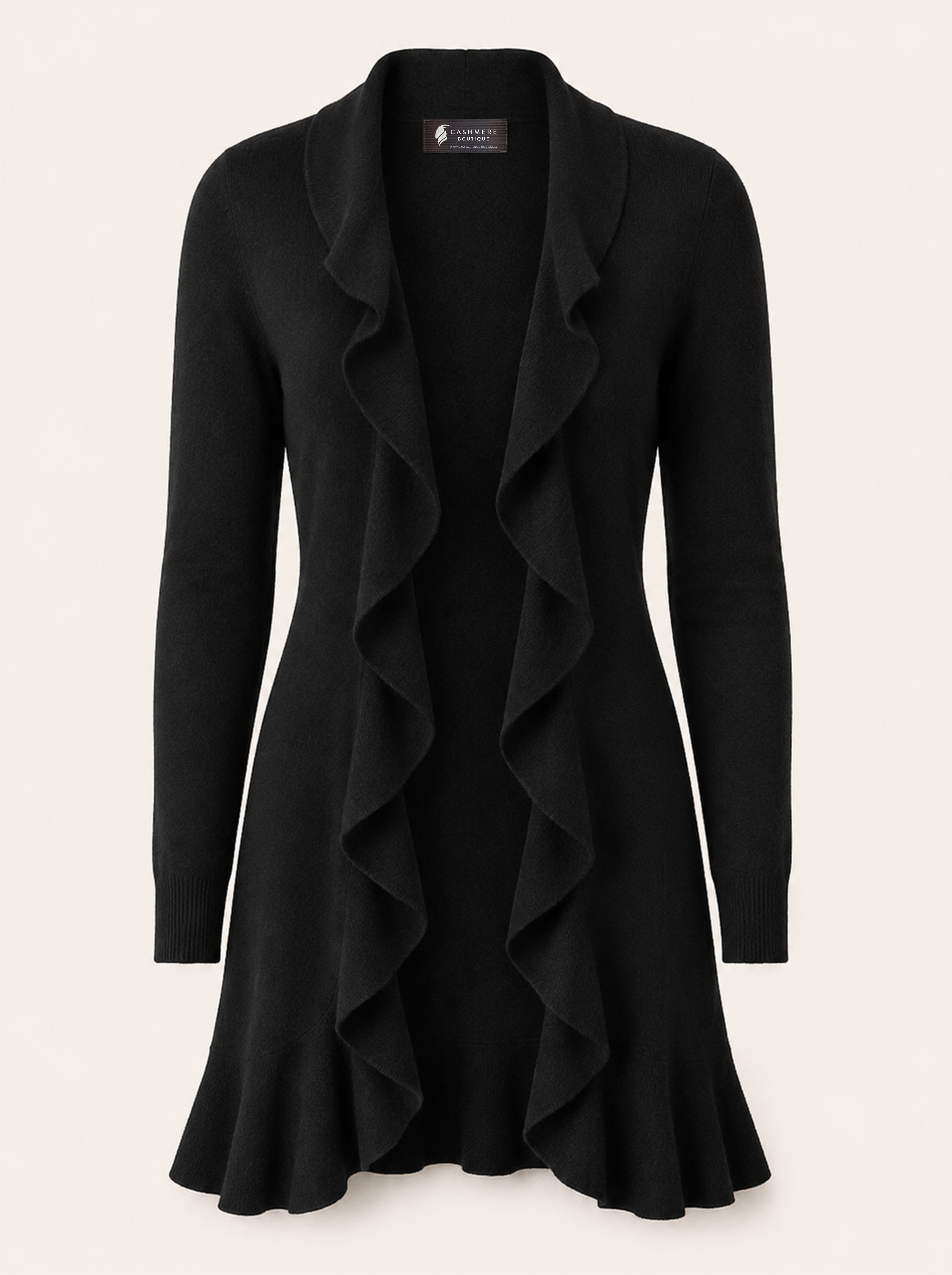 Women's Ruffled Long Front Open Cardigan in Pure Cashmere - Black