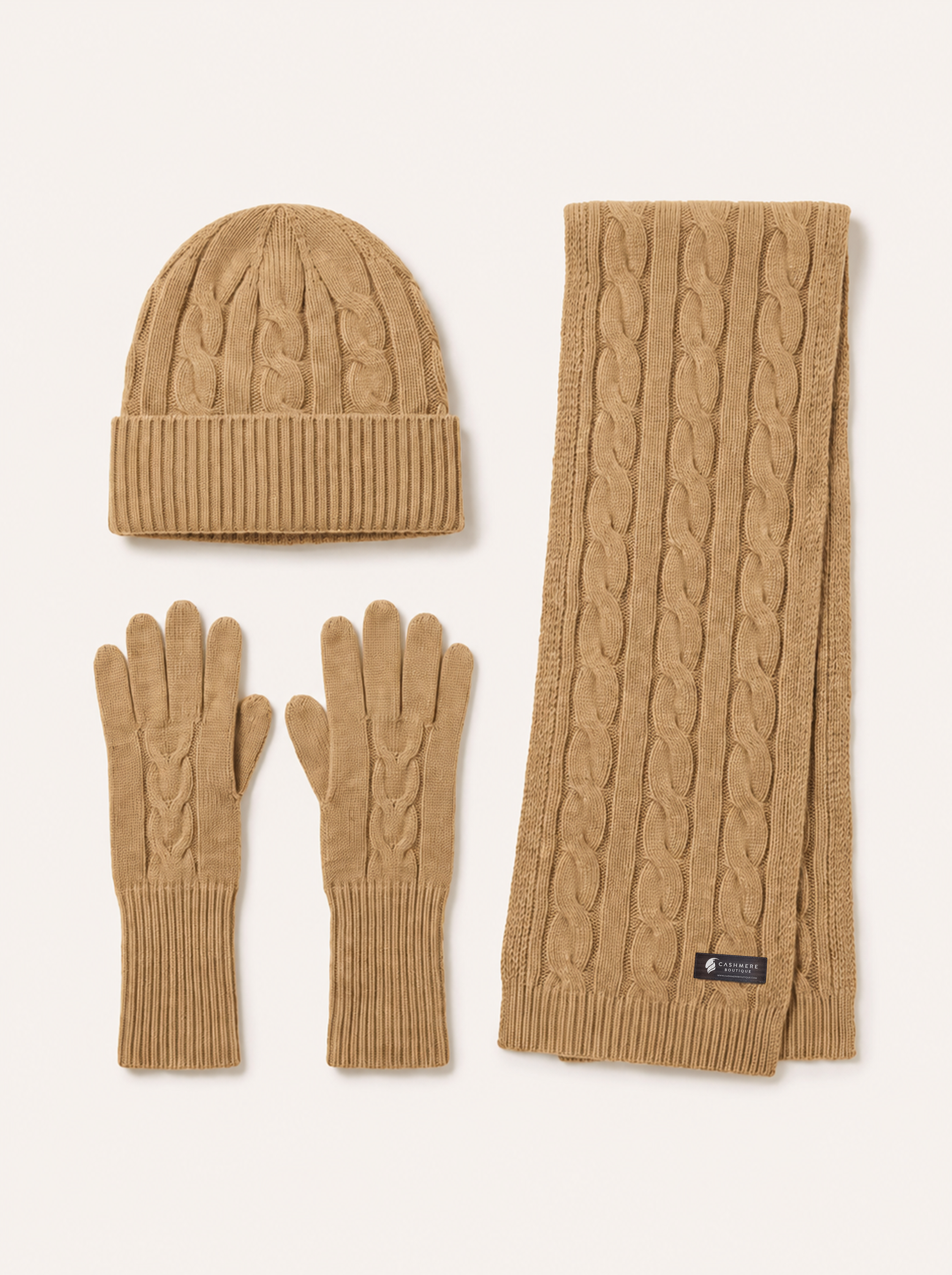 Unisex Pure Cashmere Scarf, Hat and Gloves Set - Camel