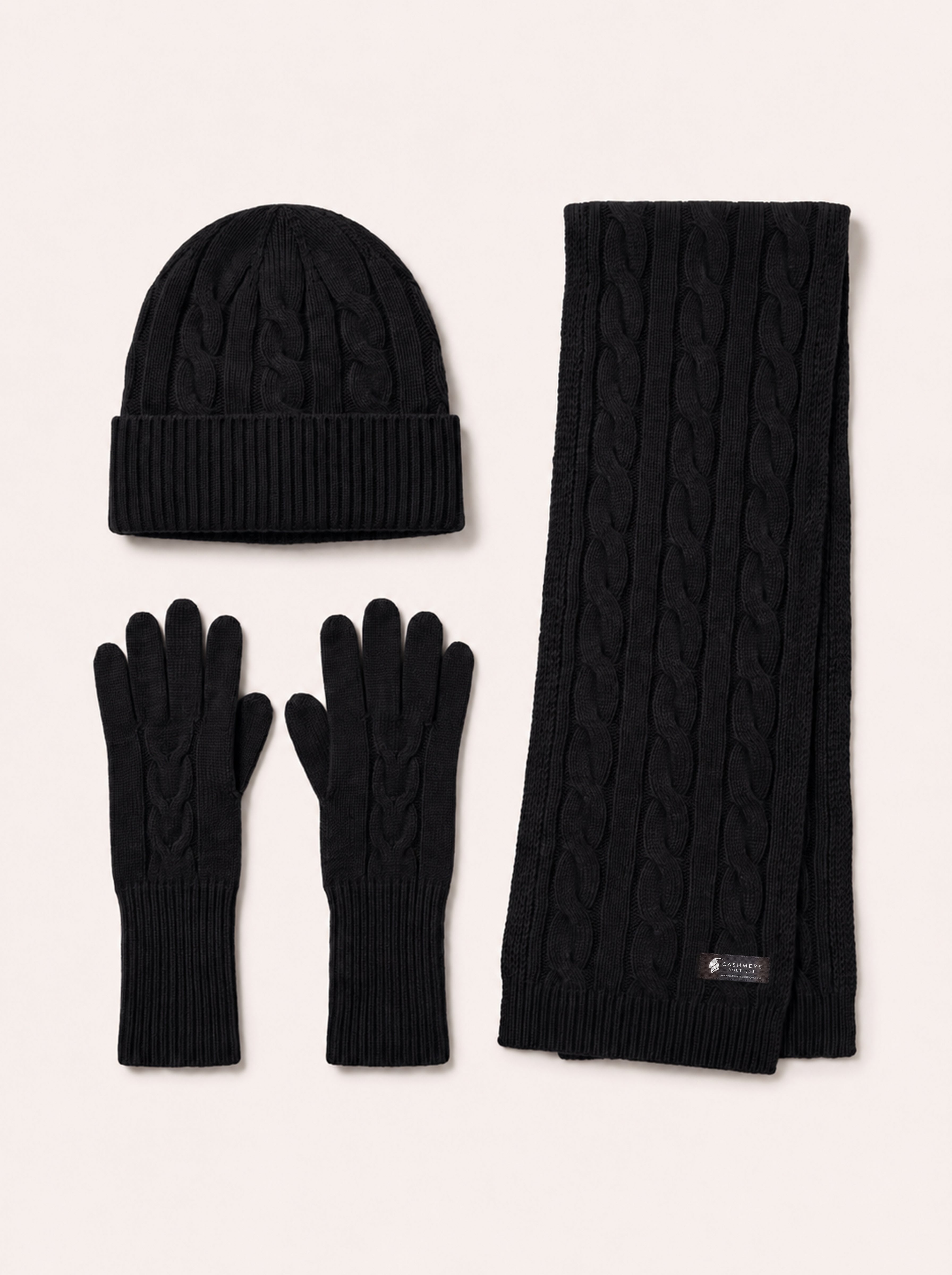Unisex Pure Cashmere Scarf, Hat and Gloves Set - Black