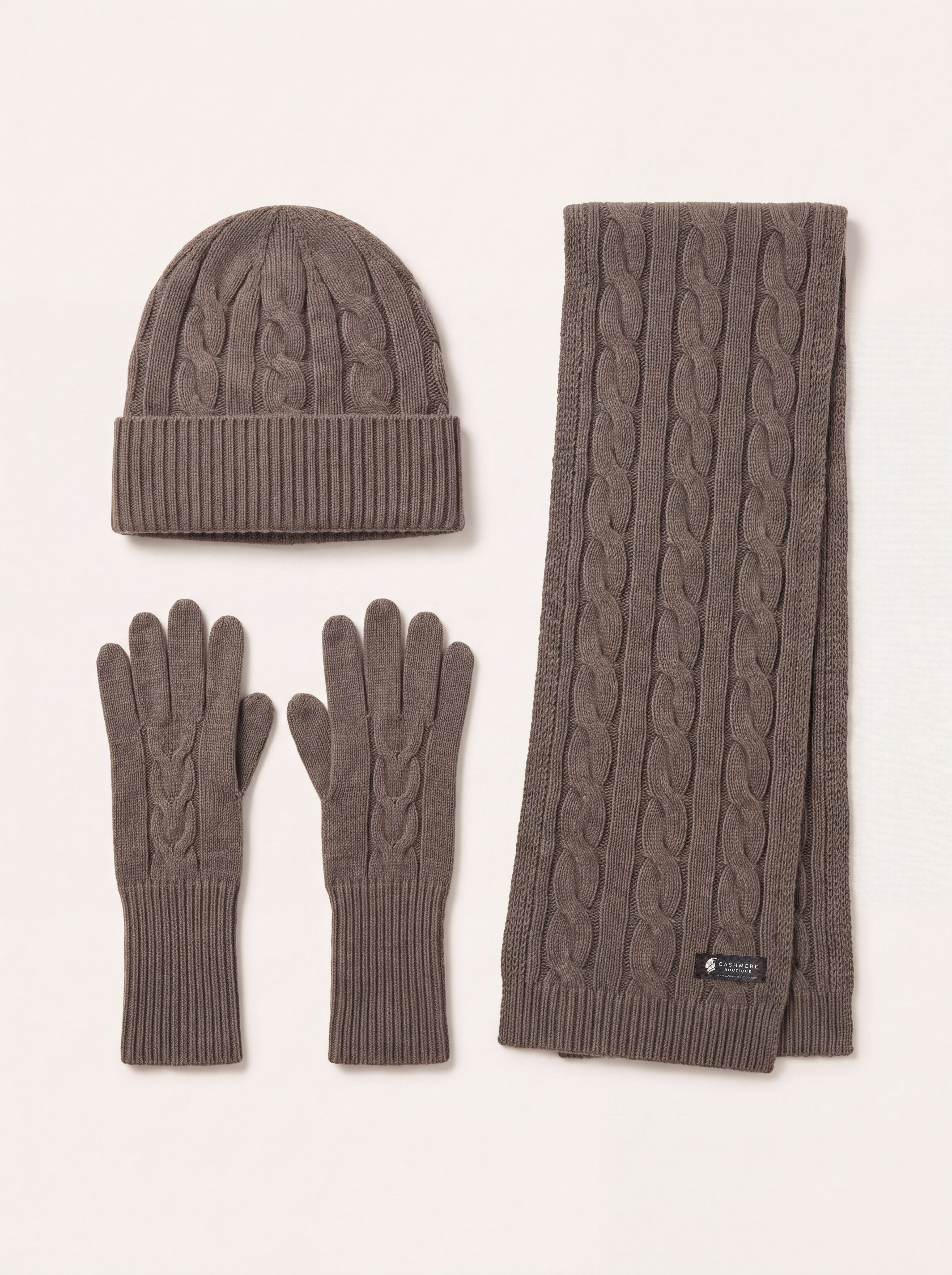 Unisex Pure Cashmere Scarf, Hat and Gloves Set - Espresso